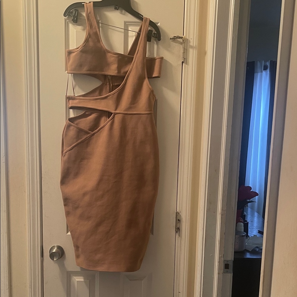 Fashion Nova Asymmetrical Tan Dress